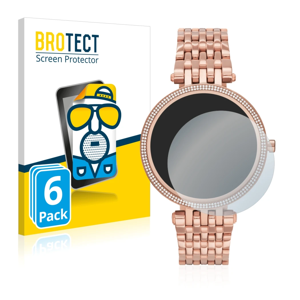 Front side of a product packaging with the brand logo BROTECT. Next to it is the device Michael Kors Access Darci Gen 5E shown