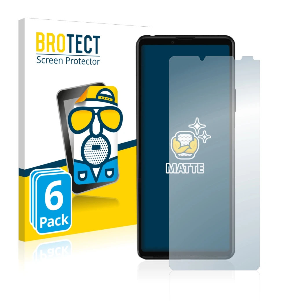 Front side of a product packaging with the brand logo BROTECT. Next to it is the device Sony Xperia 10 III shown with the corr