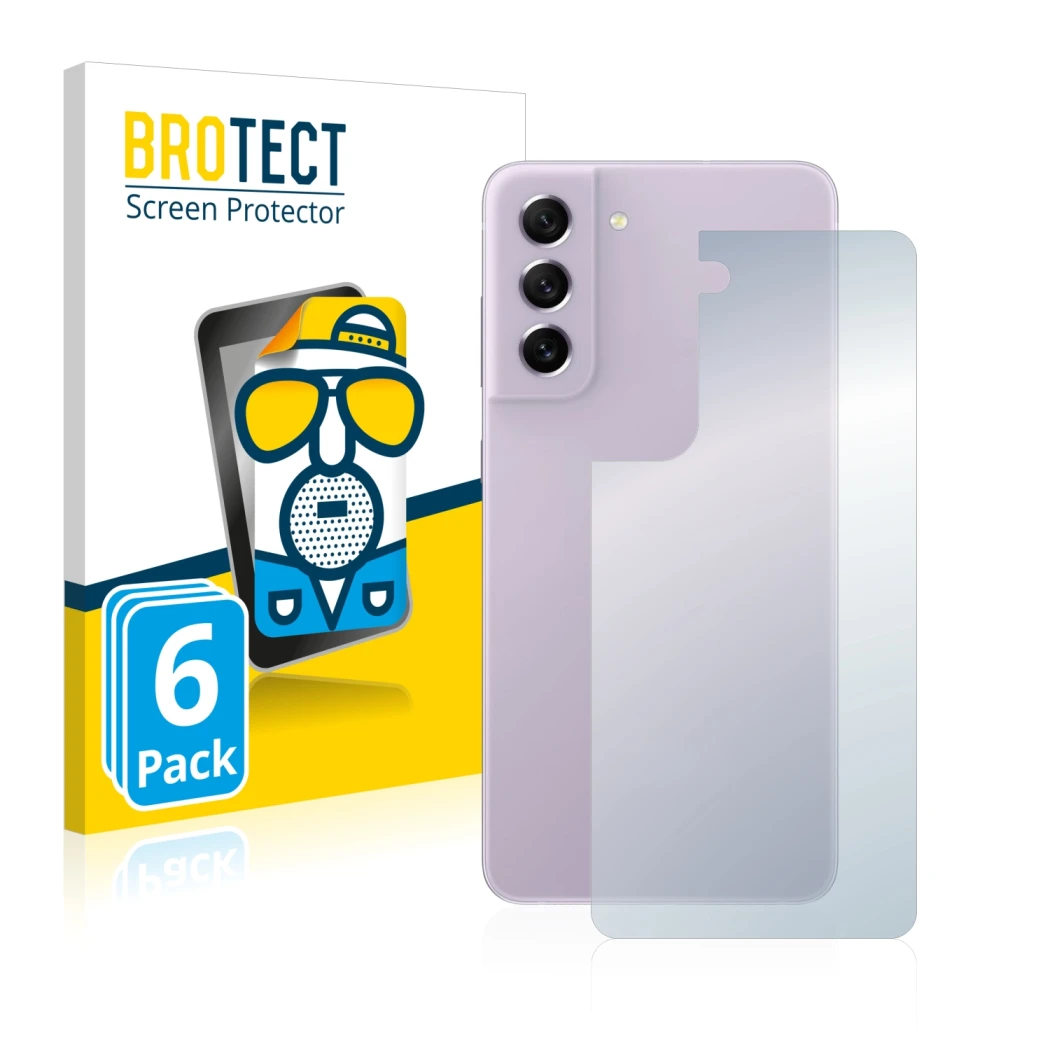 Front side of a product packaging with the brand logo BROTECT. Next to it is the device Samsung Galaxy S21 FE 5G (Back) shown 