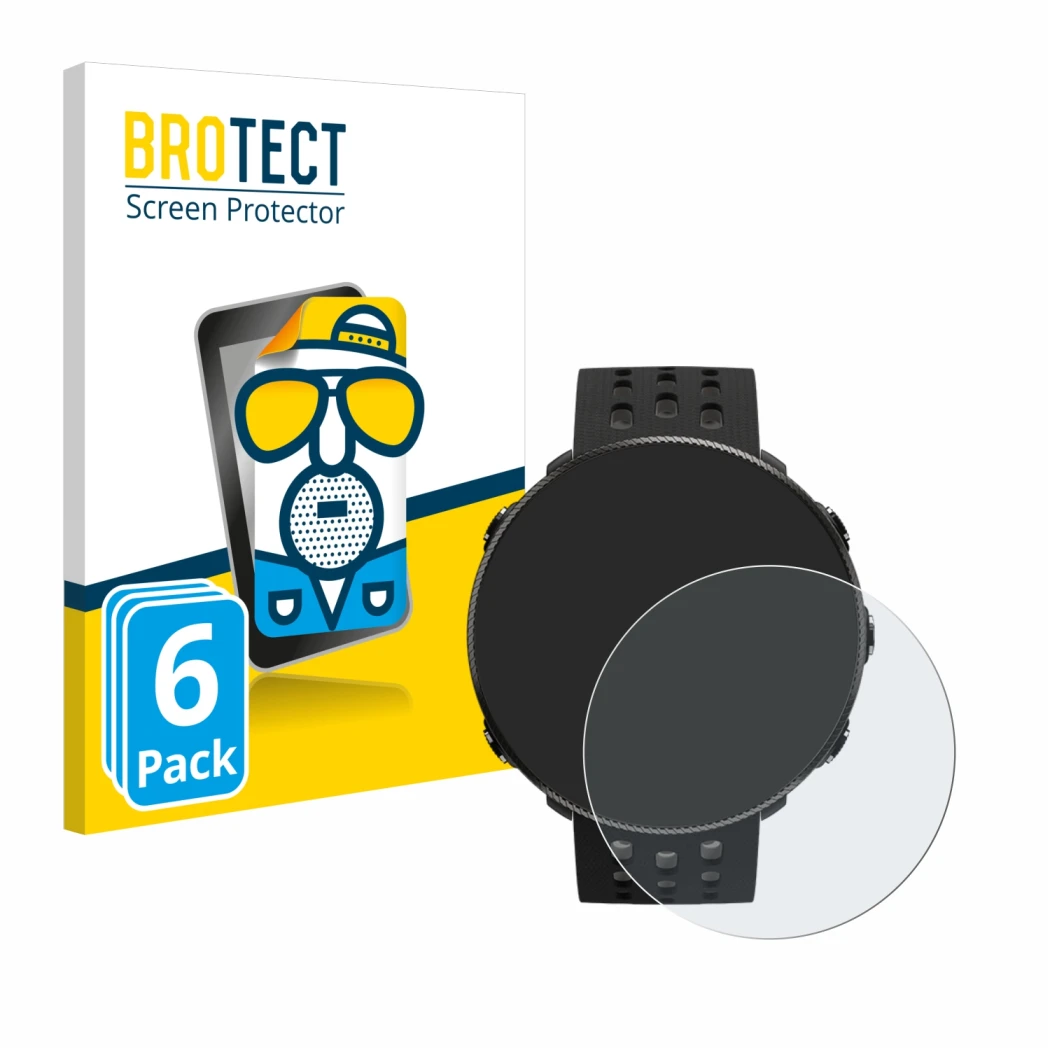 Front side of a product packaging with the brand logo BROTECT. Next to it is the device Polar Vantage M2 shown with the corres