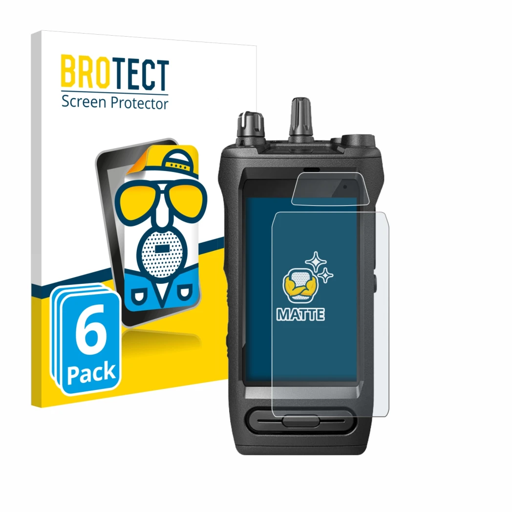Front side of a product packaging with the brand logo BROTECT. Next to it is the device Motorola Mototrbo Ion shown with the c