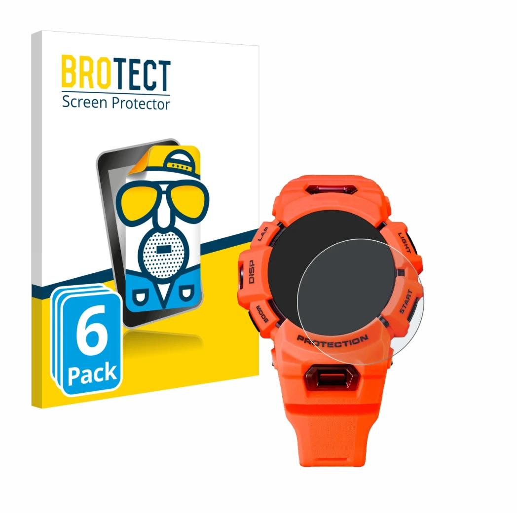 Front side of a product packaging with the brand logo BROTECT. Next to it is the device Casio G-Shock GBA-900 shown with the c