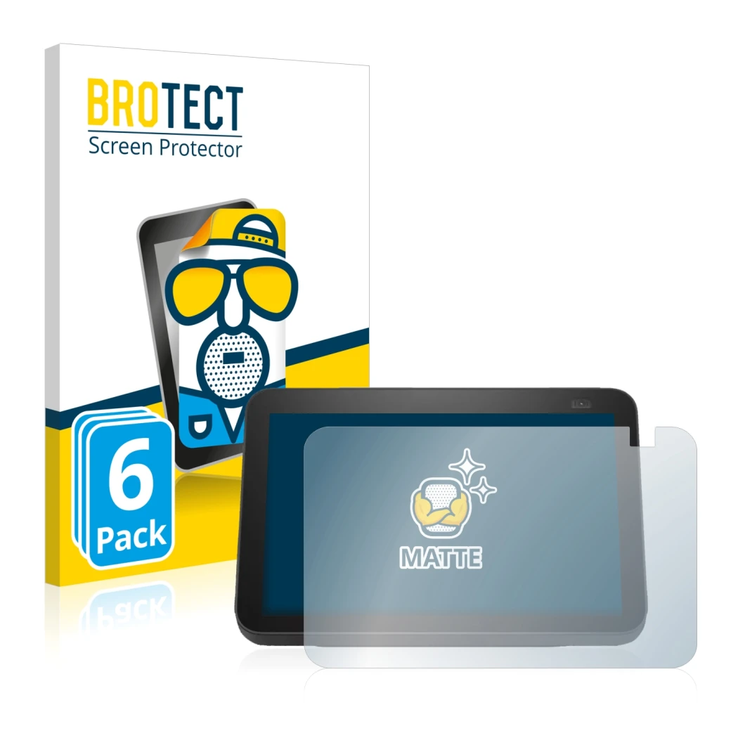 Front side of a product packaging with the brand logo BROTECT. Next to it is the device Amazon Echo Show 8 2021 (2nd Gen.) sho