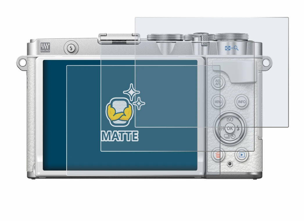 Image of the device Olympus PEN E-P7 with a wide variety of screen protectors.
