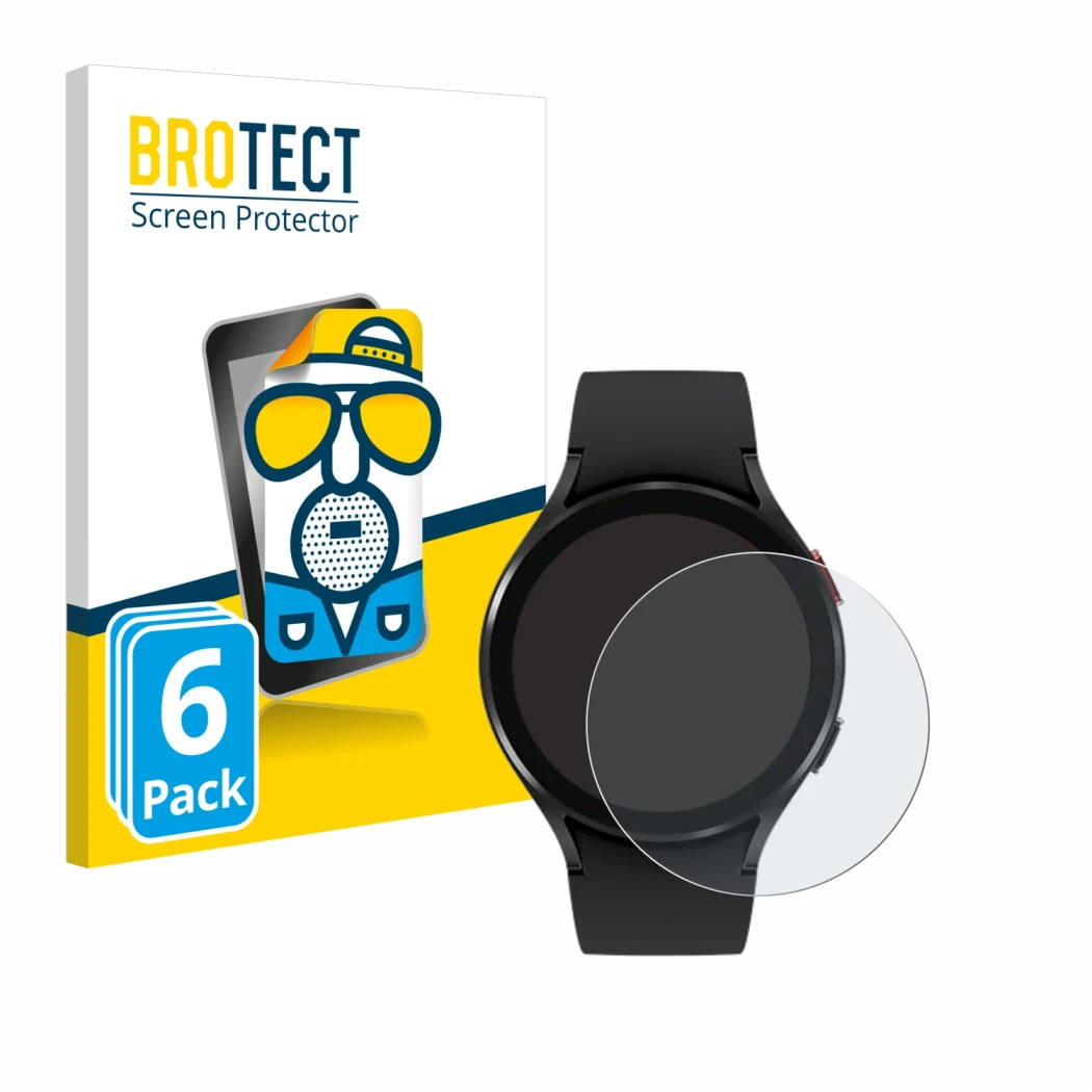 Front side of a product packaging with the brand logo BROTECT. Next to it is the device Samsung Galaxy Watch 4 (44mm) shown wi