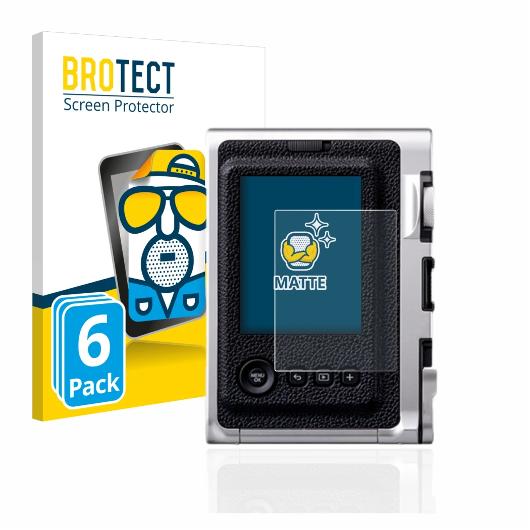 Front side of a product packaging with the brand logo BROTECT. Next to it is the device Fujifilm Instax Mini Evo shown with th