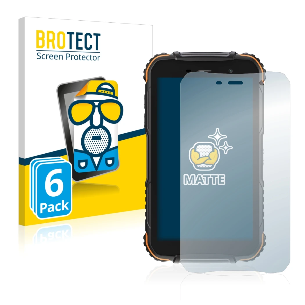 Front side of a product packaging with the brand logo BROTECT. Next to it is the device Doogee S35T shown with the correspondi