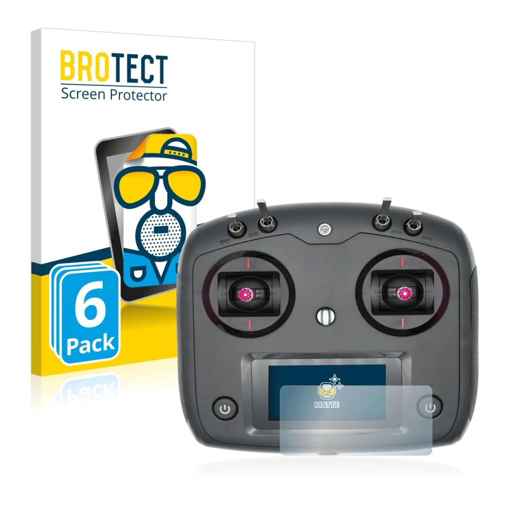 Front side of a product packaging with the brand logo BROTECT. Next to it is the device FlySky FS-i6S shown with the correspon