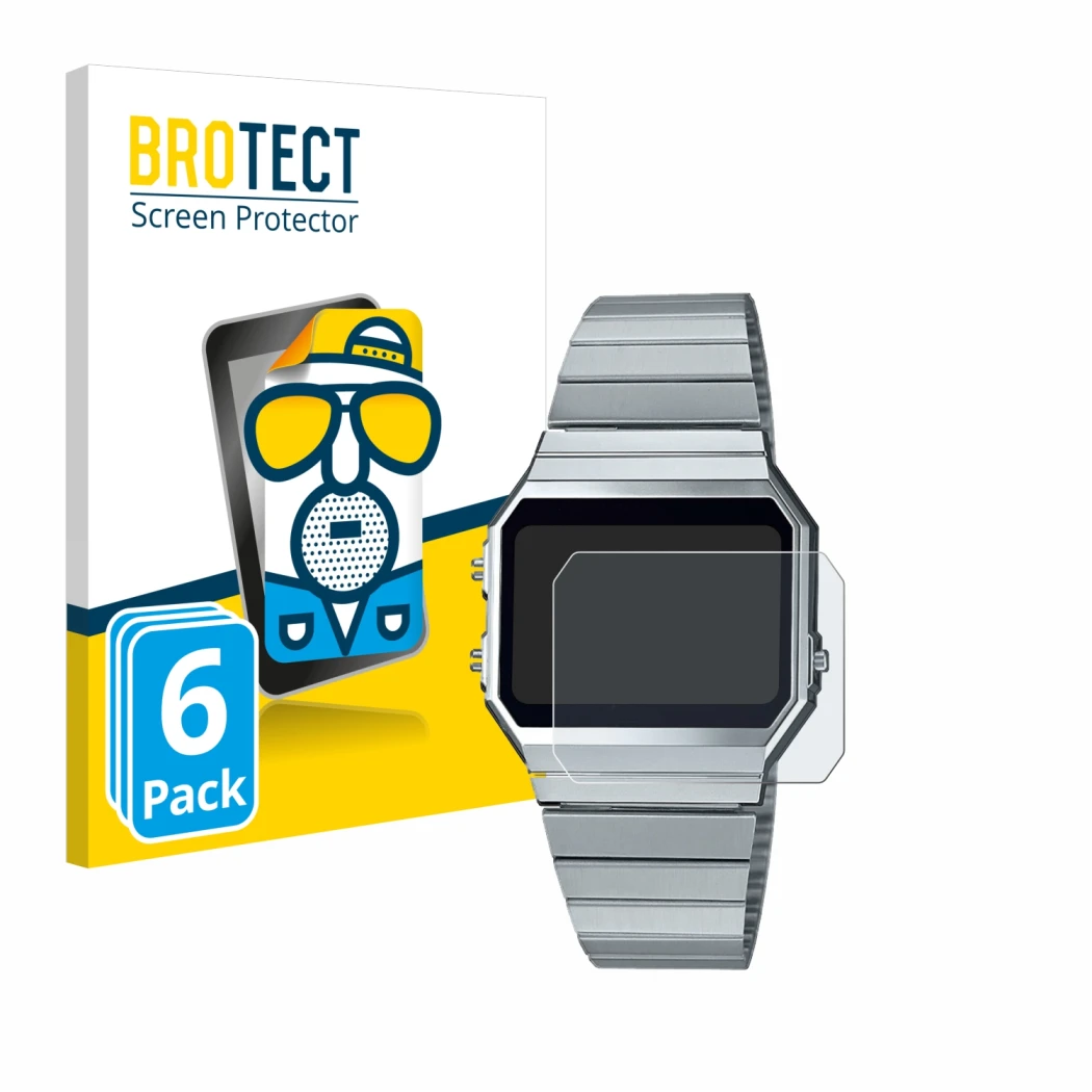 Front side of a product packaging with the brand logo BROTECT. Next to it is the device Casio A700WE shown with the correspond