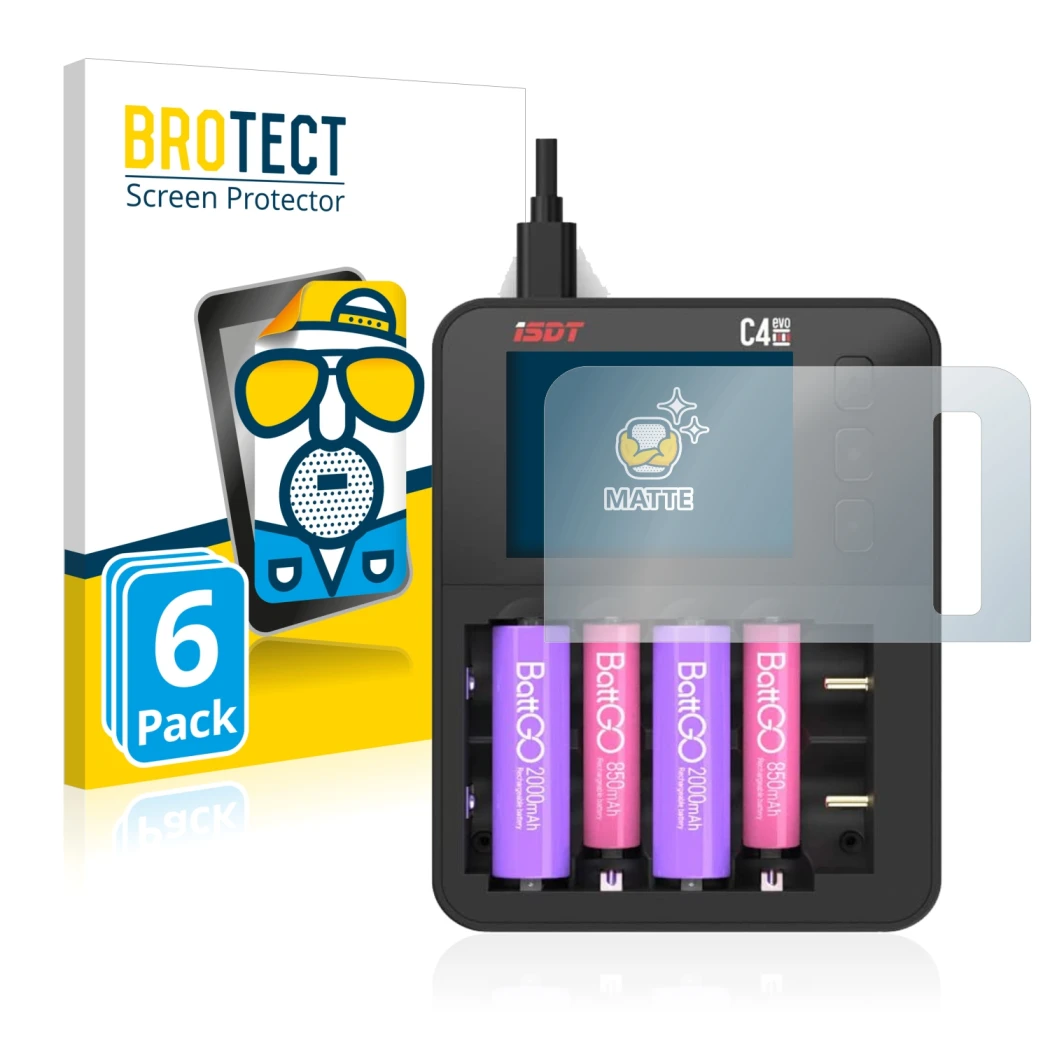 Front side of a product packaging with the brand logo BROTECT. Next to it is the device ISDT C4 Evo shown with the correspondi