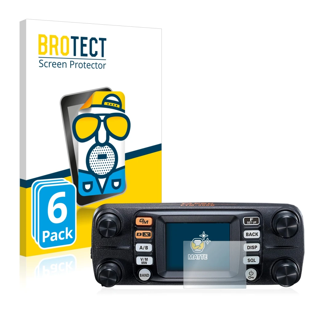 Front side of a product packaging with the brand logo BROTECT. Next to it is the device Yaesu FTM-300DE shown with the corresp