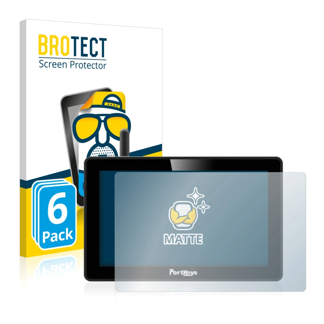 Front side of a product packaging with the brand logo BROTECT. Next to it is the device Portkeys BM5 WR shown with the corresp