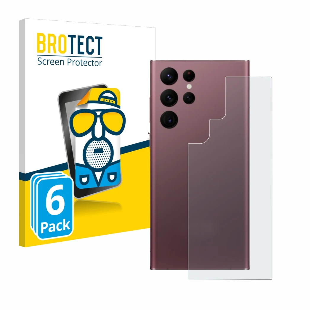 Front side of a product packaging with the brand logo BROTECT. Next to it is the device Samsung Galaxy S22 Ultra 5G (Back) sho
