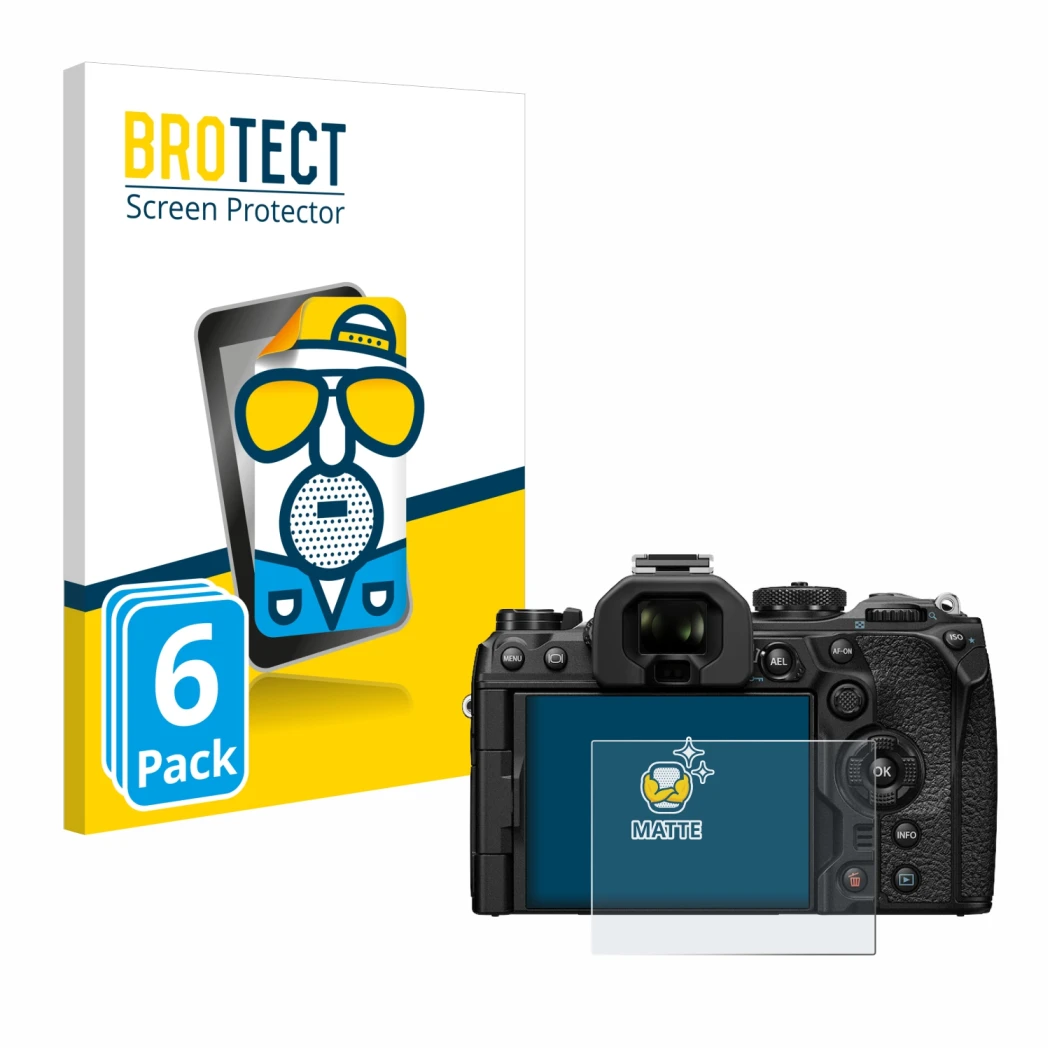 Front side of a product packaging with the brand logo BROTECT. Next to it is the device Olympus OM-1 2022 shown with the corre