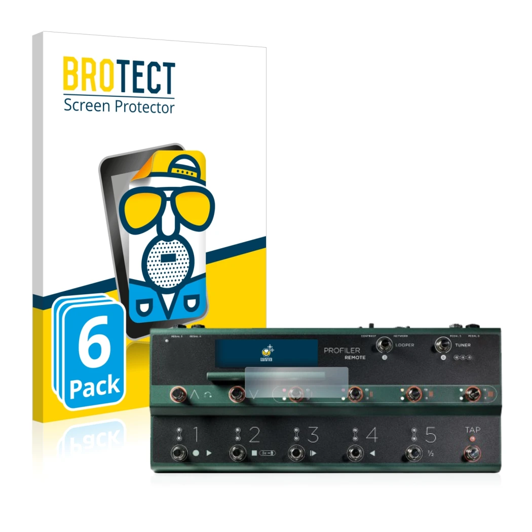 Front side of a product packaging with the brand logo BROTECT. Next to it is the device Kemper Profiler Remote shown with the
