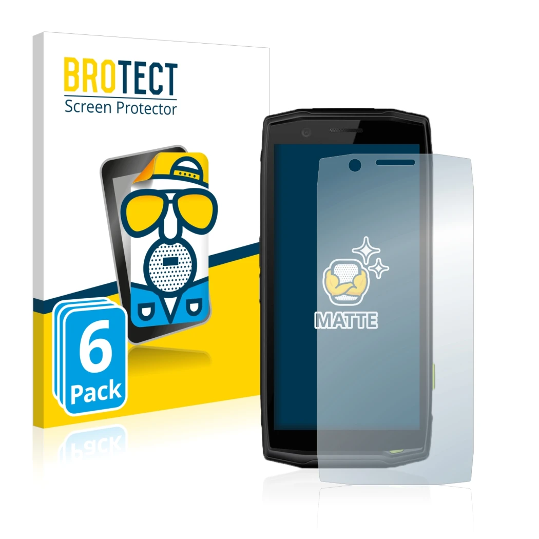 Front side of a product packaging with the brand logo BROTECT. Next to it is the device Crosscall Action-X5 shown with the cor
