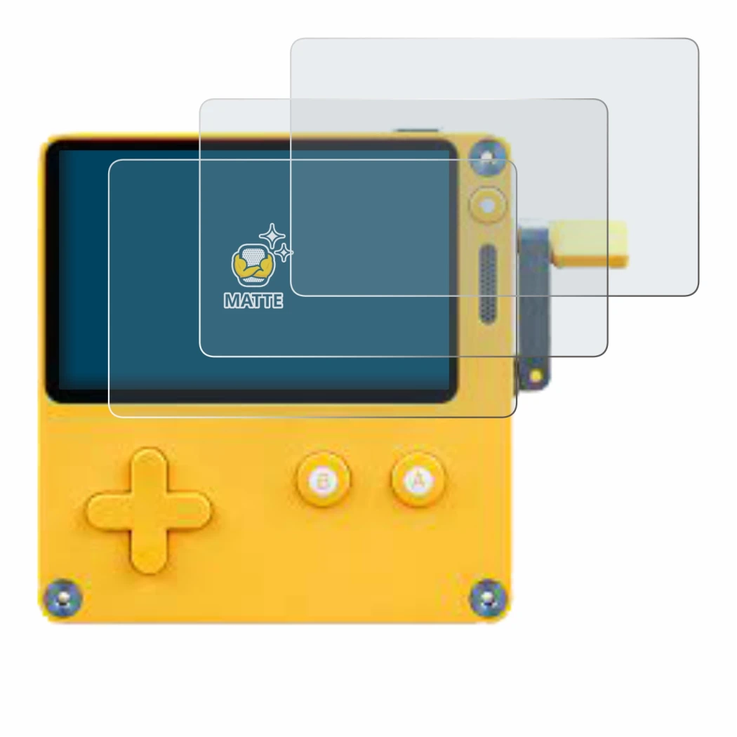 Image of the device Panic Playdate with a wide variety of screen protectors.