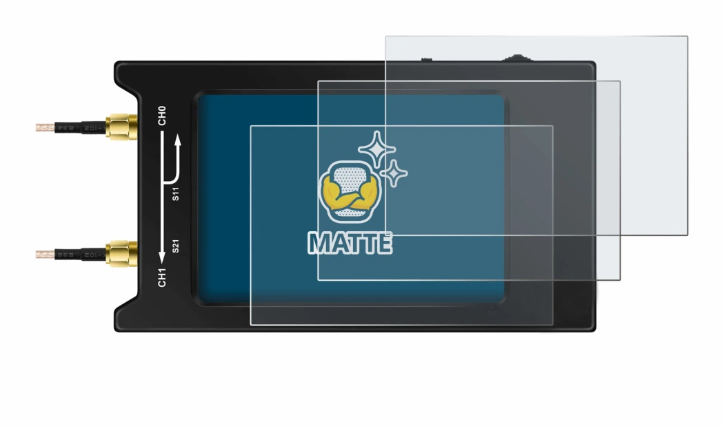 Image of the device NanoVNA H4 with a wide variety of screen protectors.