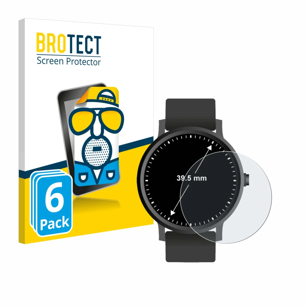 Front side of a product packaging with the brand logo BROTECT. Next to it is the device Watches (Circular, ø: 39.5 mm) shown w