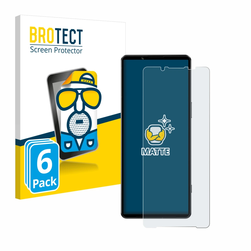 Front side of a product packaging with the brand logo BROTECT. Next to it is the device Sony Xperia 1 IV shown with the corres