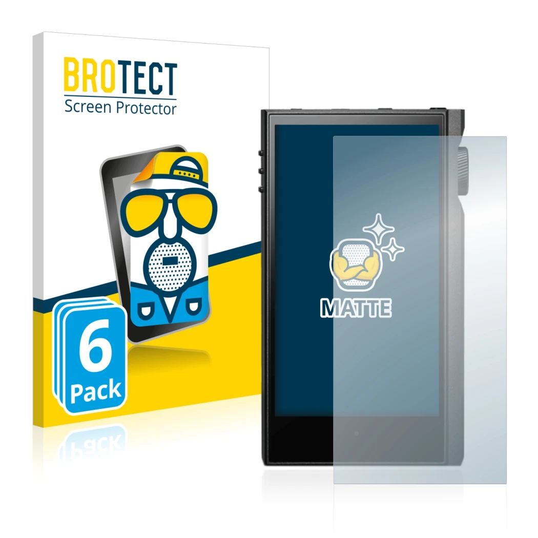 Front side of a product packaging with the brand logo BROTECT. Next to it is the device Astell&Kern Kann Max shown with the co