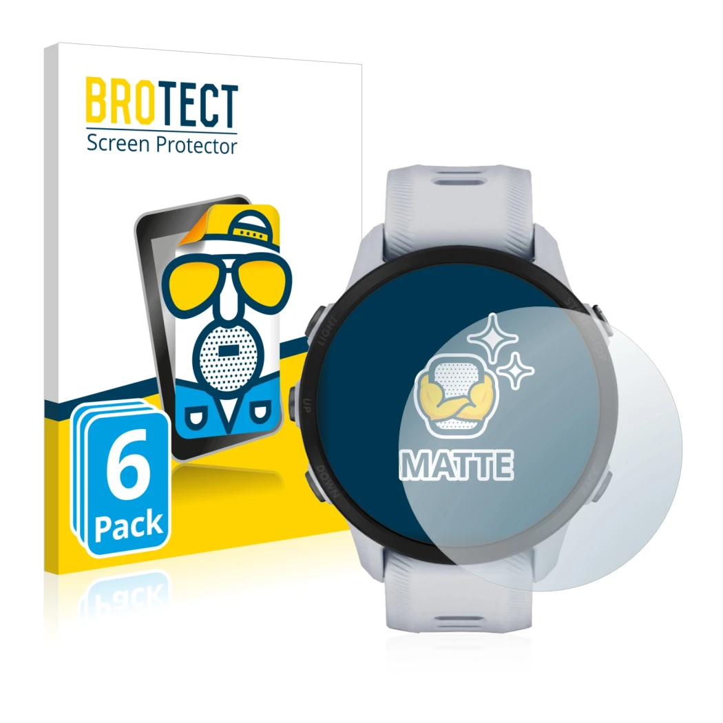 Front side of a product packaging with the brand logo BROTECT. Next to it is the device Garmin Forerunner 955 shown with the c
