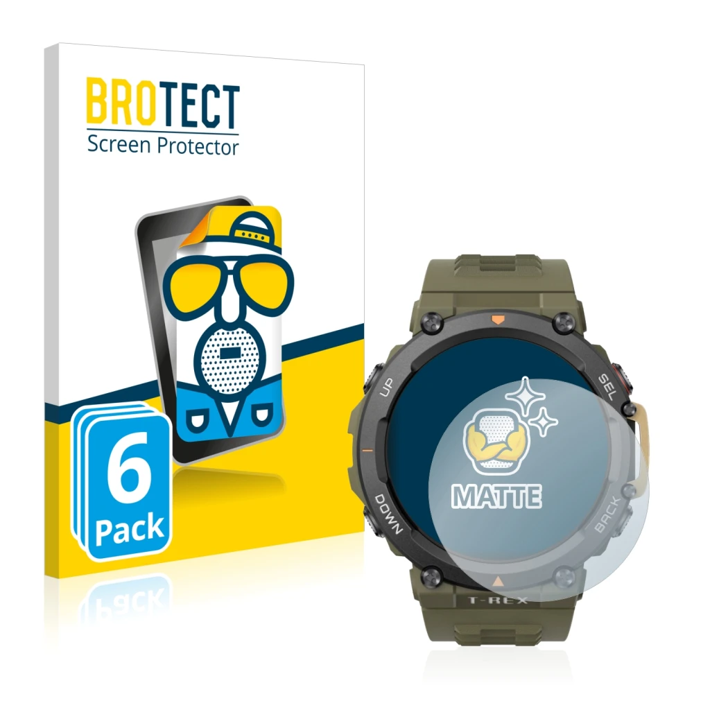 Front side of a product packaging with the brand logo BROTECT. Next to it is the device Huami Amazfit T-Rex 2 shown with the c