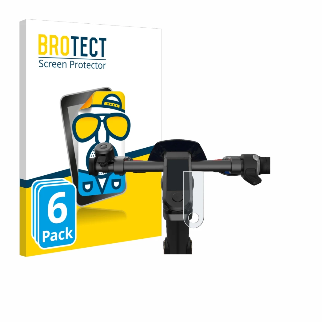 Front side of a product packaging with the brand logo BROTECT. Next to it is the device NIU KQi3 Pro shown with the correspond