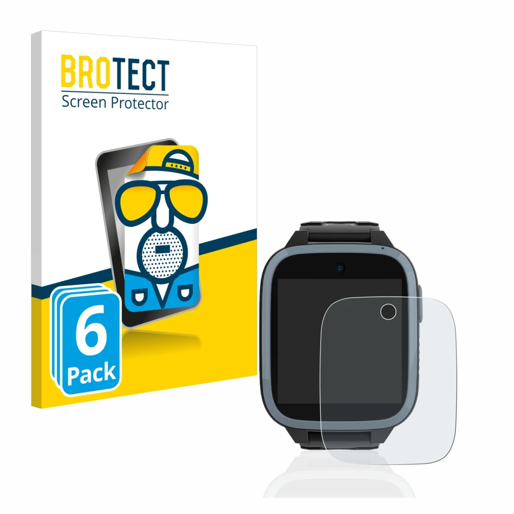 Front side of a product packaging with the brand logo BROTECT. Next to it is the device Xplora XGO3 (1st Gen.) shown with the