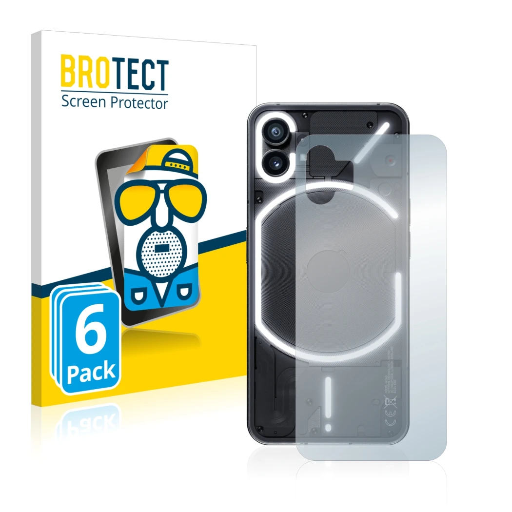 Front side of a product packaging with the brand logo BROTECT. Next to it is the device Nothing Phone (1) (Back) shown with th