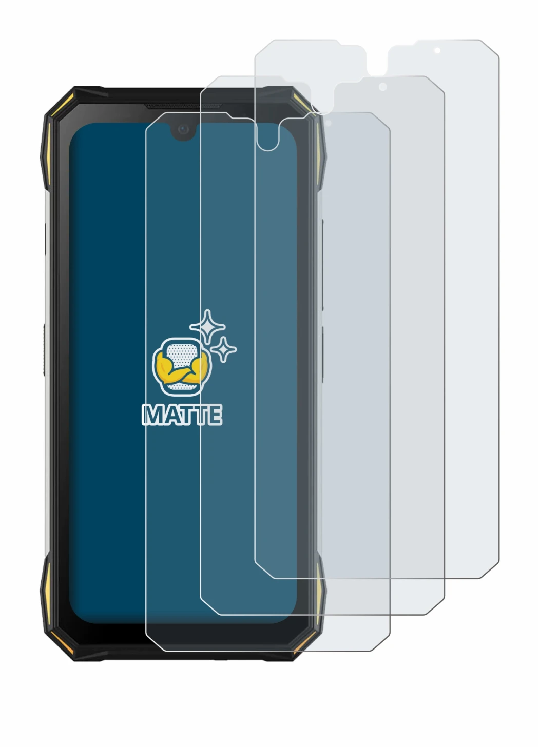 Image of the device Doogee S89 Pro with a wide variety of screen protectors.