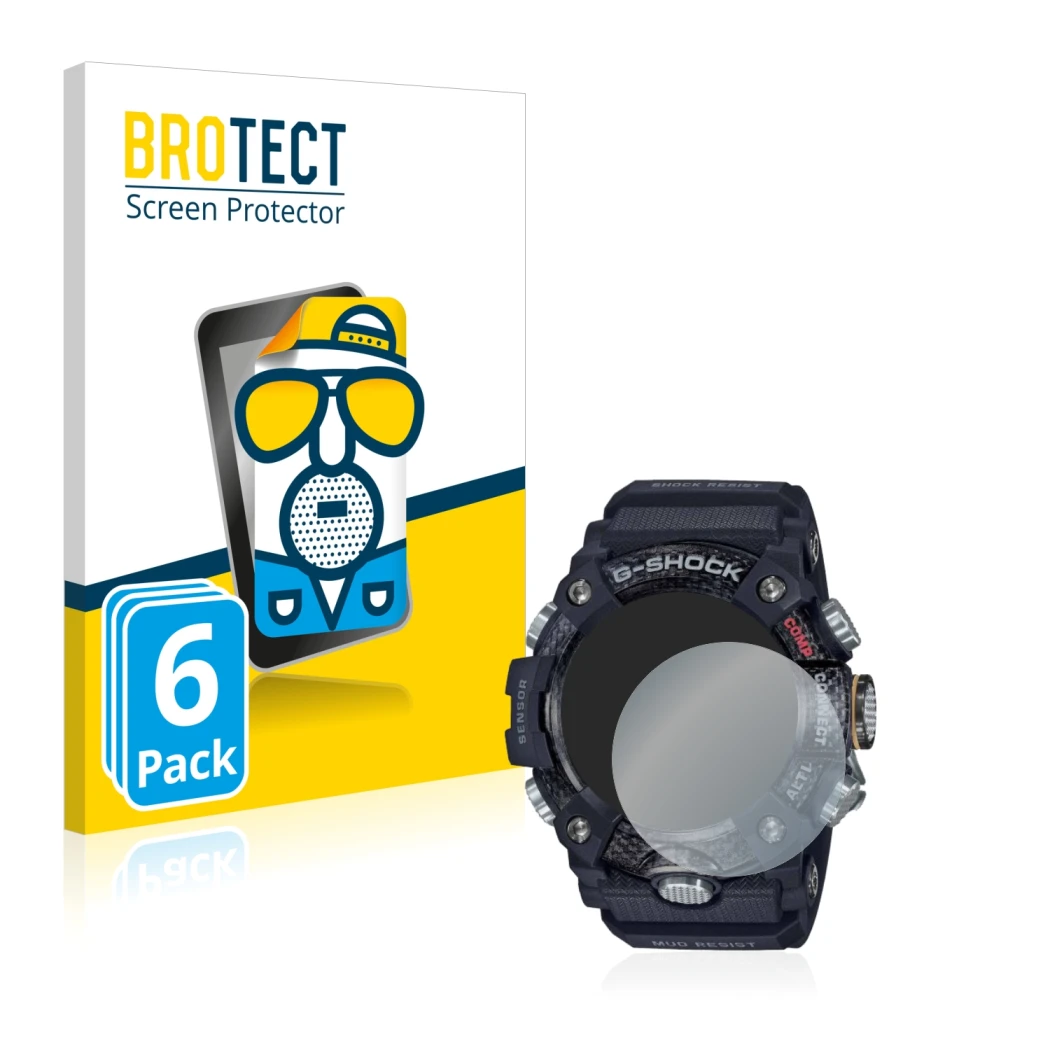 Front side of a product packaging with the brand logo BROTECT. Next to it is the device Casio G-Shock Mudmaster GG-B100-1AER s