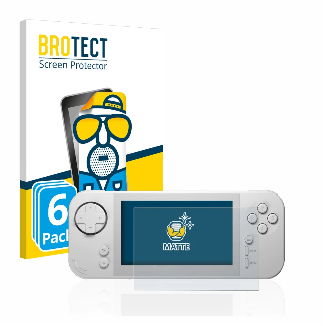 Front side of a product packaging with the brand logo BROTECT. Next to it is the device Evercade EXP shown with the correspond