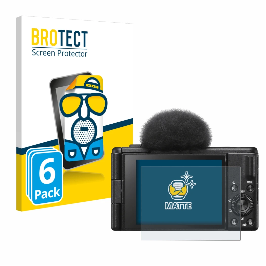 Front side of a product packaging with the brand logo BROTECT. Next to it is the device Sony ZV-1F shown with the correspondin