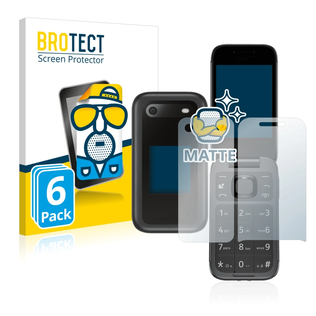 Front side of a product packaging with the brand logo BROTECT. Next to it is the device Nokia 2660 Flip (Front+Back) shown wit