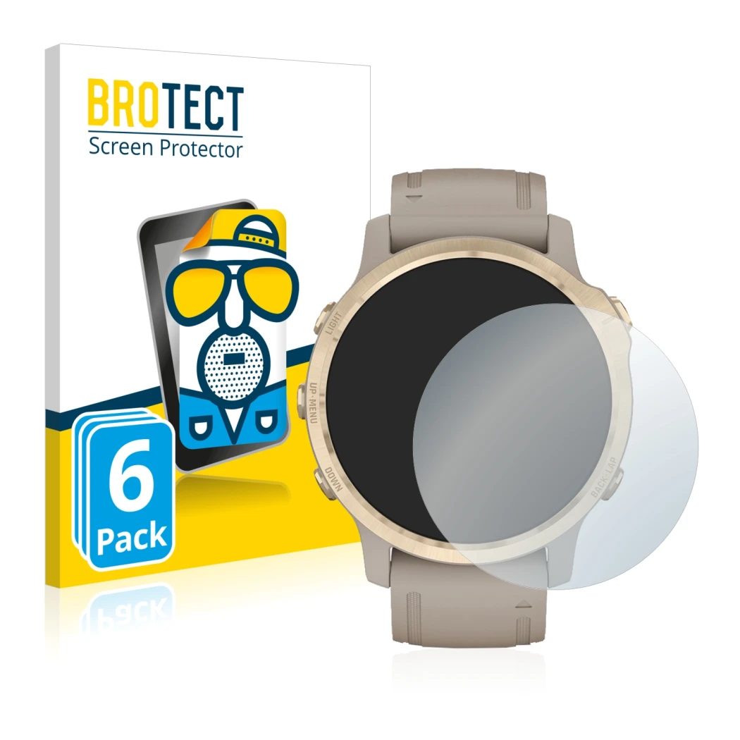 Front side of a product packaging with the brand logo BROTECT. Next to it is the device Garmin Fenix 6S Pro Solar shown with t