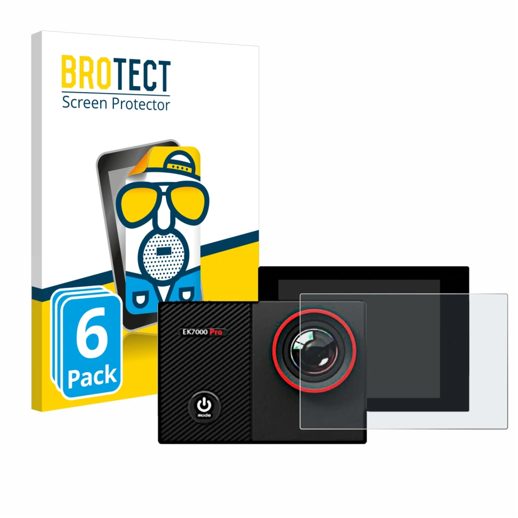 Front side of a product packaging with the brand logo BROTECT. Next to it is the device Akaso EK7000 Pro shown with the corres