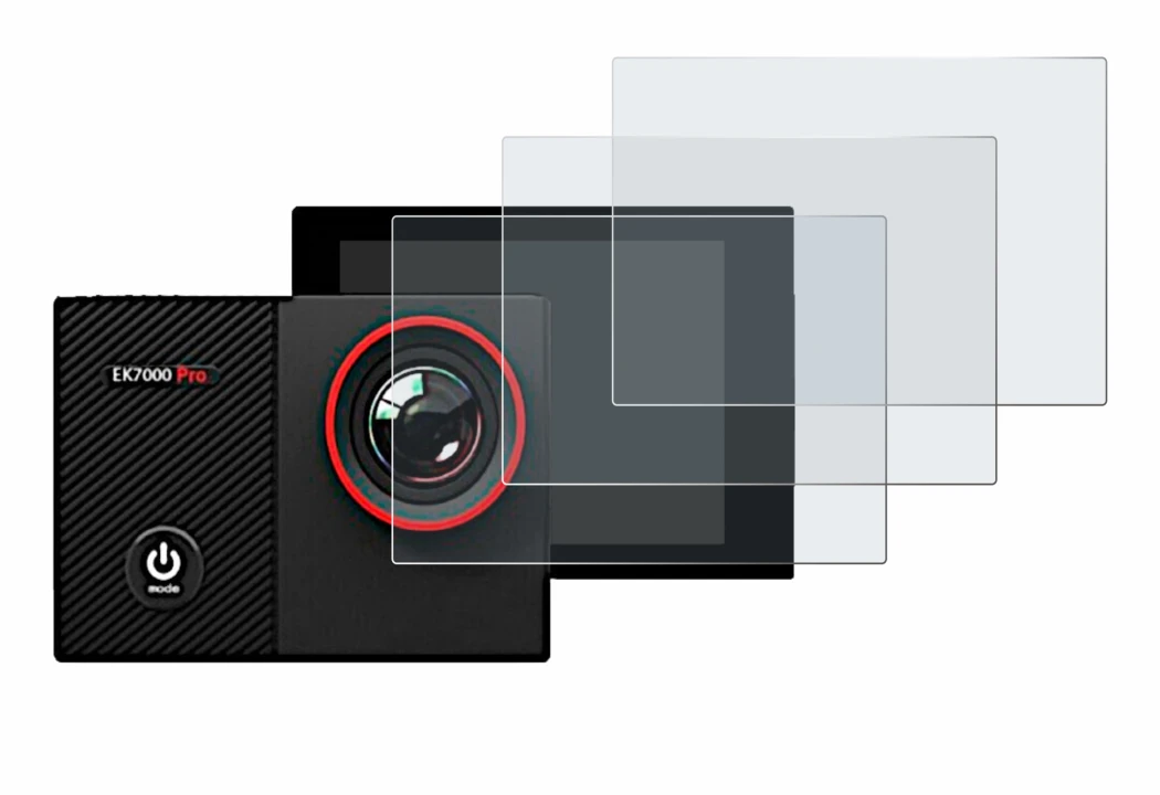 Image of the device Akaso EK7000 Pro with a wide variety of screen protectors.