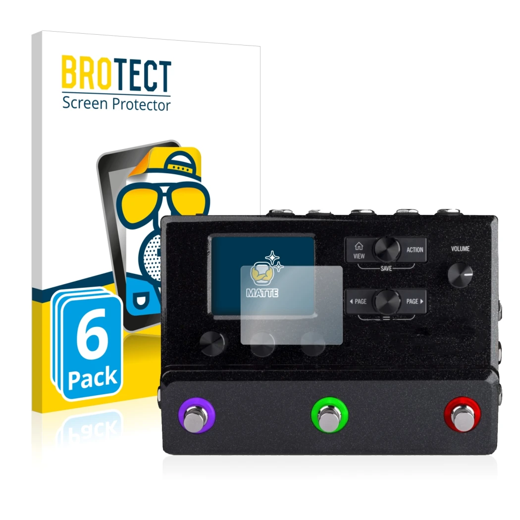 Front side of a product packaging with the brand logo BROTECT. Next to it is the device Line 6 hx stomp shown with the corresp