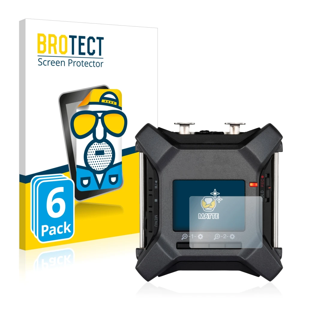 Front side of a product packaging with the brand logo BROTECT. Next to it is the device Zoom F3 field recorder shown with the