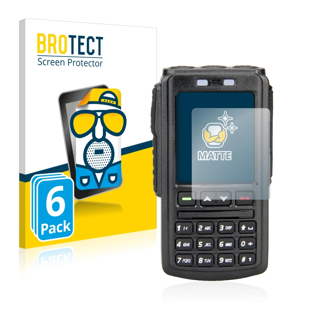 Front side of a product packaging with the brand logo BROTECT. Next to it is the device AnyTone BT-01 shown with the correspon