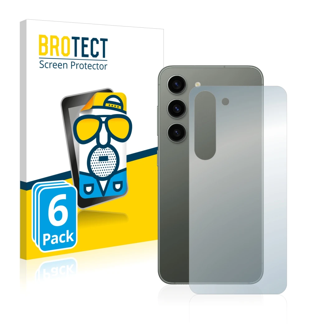 Front side of a product packaging with the brand logo BROTECT. Next to it is the device Samsung Galaxy S23 (Back) shown with t