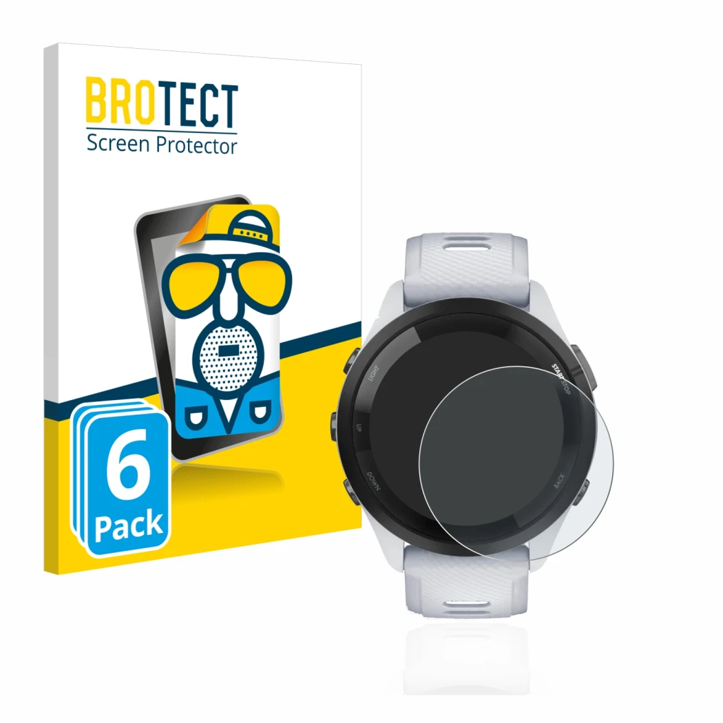 Front side of a product packaging with the brand logo BROTECT. Next to it is the device Garmin Forerunner 265 (46 mm) shown wi