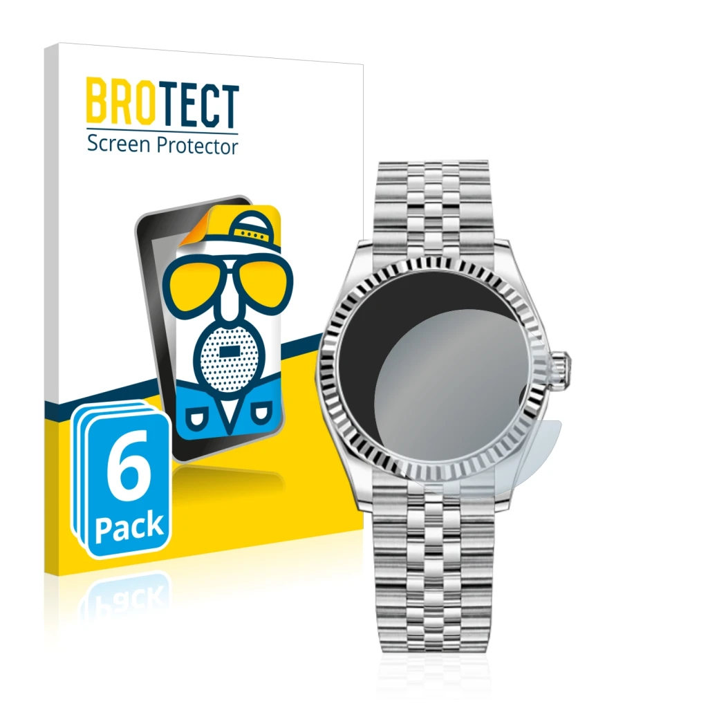 Front side of a product packaging with the brand logo BROTECT. Next to it is the device Rolex Datejust 31 shown with the corre