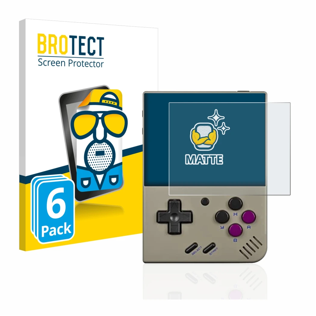 Front side of a product packaging with the brand logo BROTECT. Next to it is the device Miyoo Mini Plus shown with the corresp