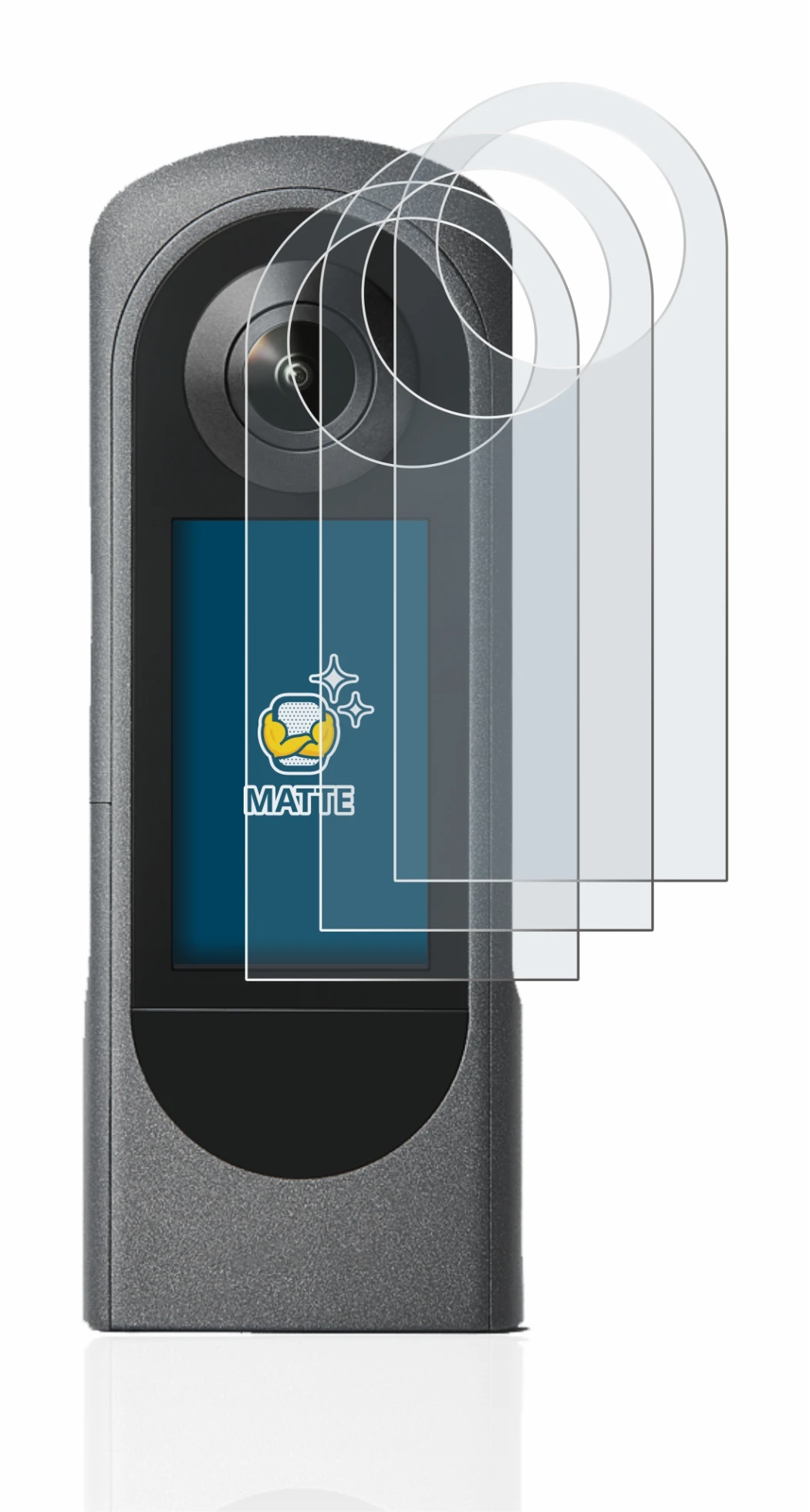 Image of the device Ricoh Theta X with a wide variety of screen protectors.