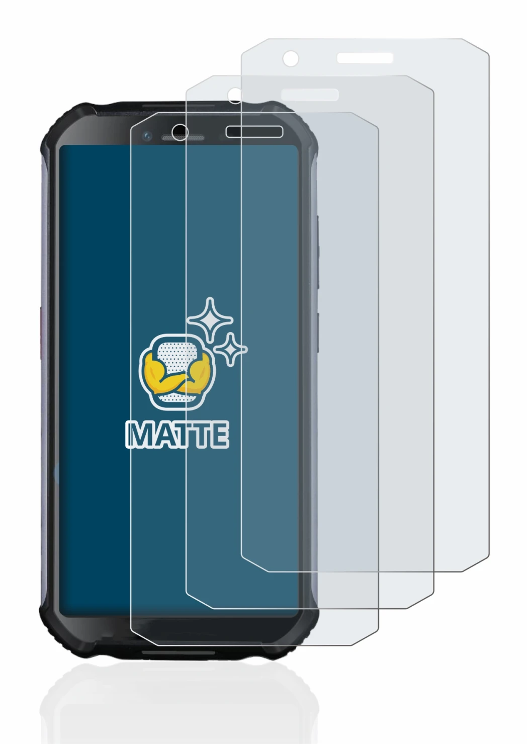 Image of the device Doogee S41 with a wide variety of screen protectors.