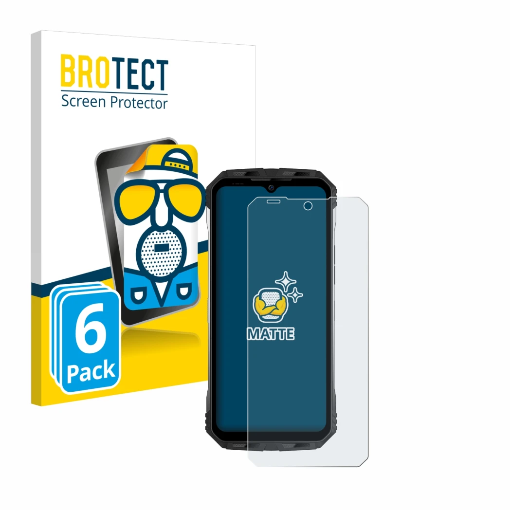 Front side of a product packaging with the brand logo BROTECT. Next to it is the device Doogee S100 shown with the correspondi