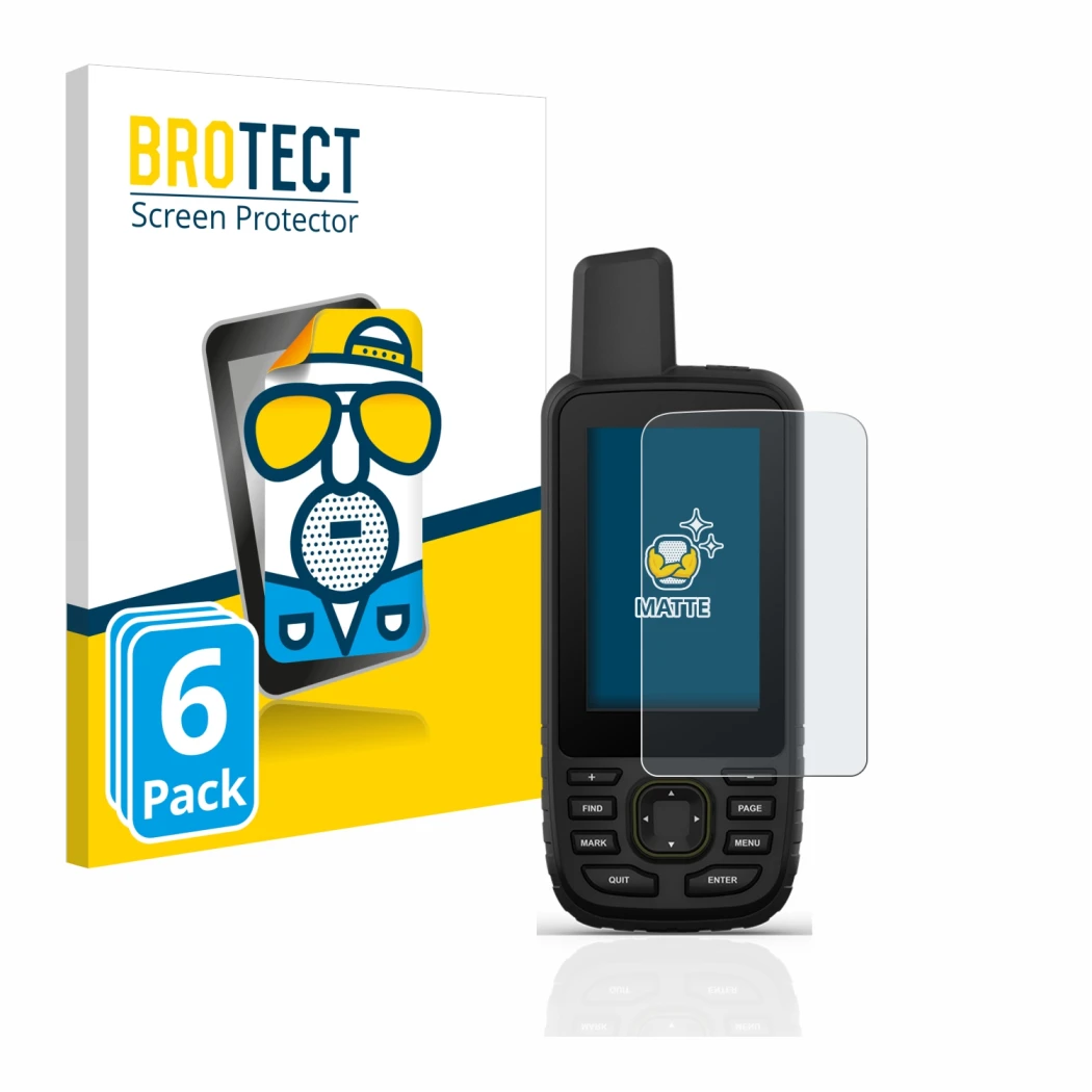 Front side of a product packaging with the brand logo BROTECT. Next to it is the device Garmin GPSMAP 67 shown with the corres