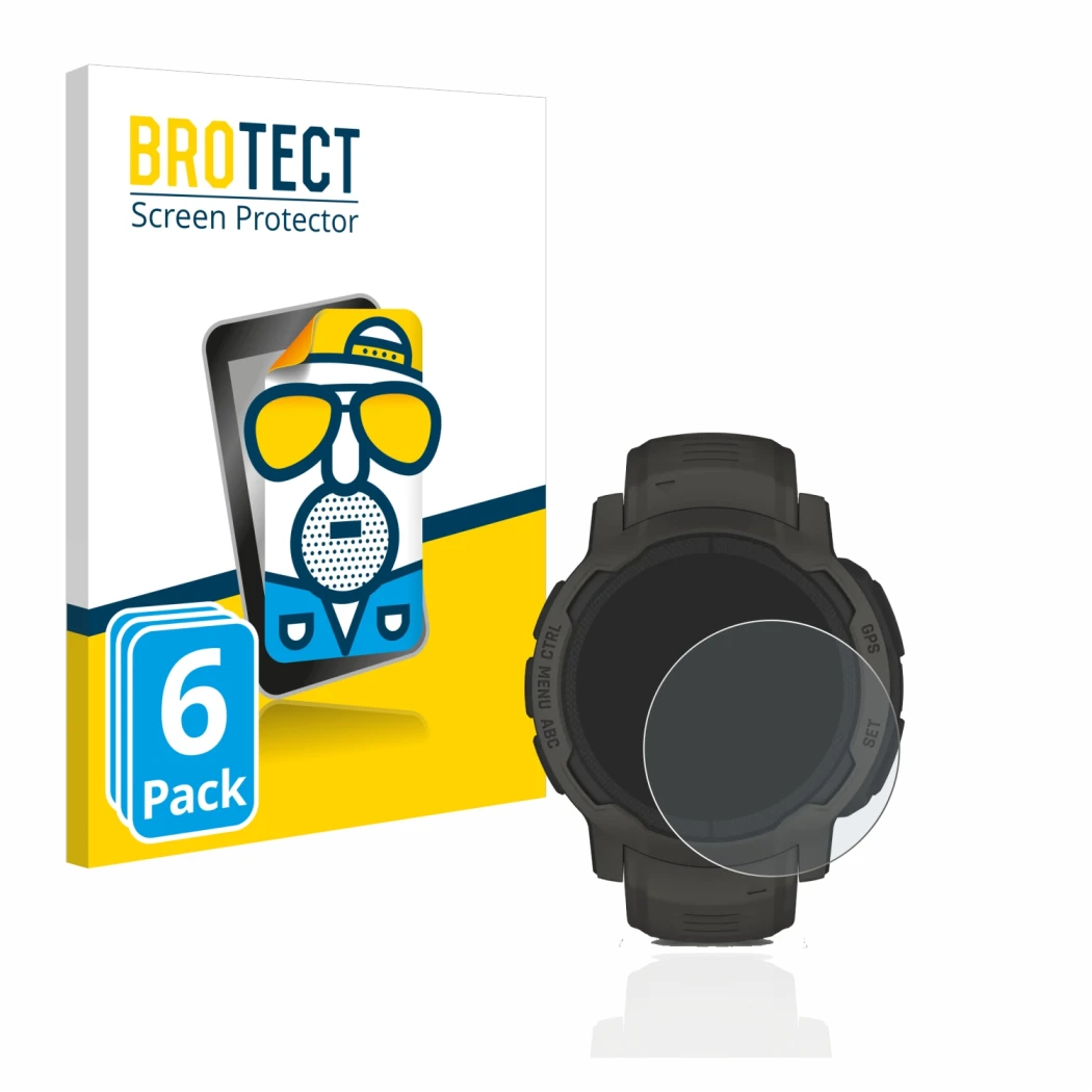 Front side of a product packaging with the brand logo BROTECT. Next to it is the device Garmin Instinct 2 Solar shown with the